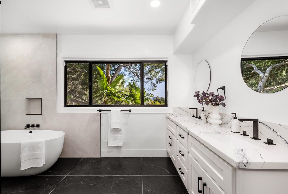 Modern Hollywood Hills home bathroom in Los Angeles, California, with a remodel of an older house A modern Hollywood Hills home bathroom in Los Angeles, California, with a remodel of an older house